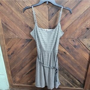 Studio Y Gray Textured Spaghetti-Strap Mini Dress with Braided Belt Medium